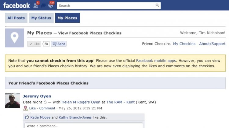 My Places: New Facebook App to View Checkins